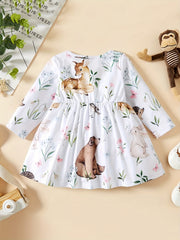 Baby Girl's Animal Print Dress Pleated Long Sleeve Dress