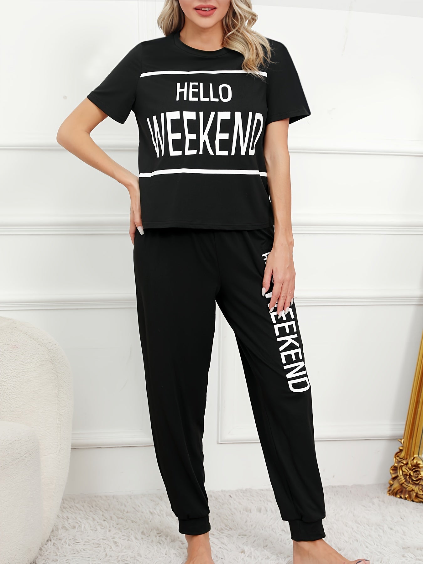 Letter Print Lounge Set Short Sleeve Crew Neck Top & Pants