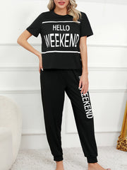 Letter Print Lounge Set Short Sleeve Crew Neck Top & Pants