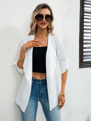 Solid Rolled Sleeve Cardigan Open Front Versatile Cardigan