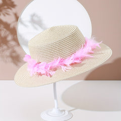 Luminous Feather Wreath Sun Hat Easter Beige Straw Hat Fedora C