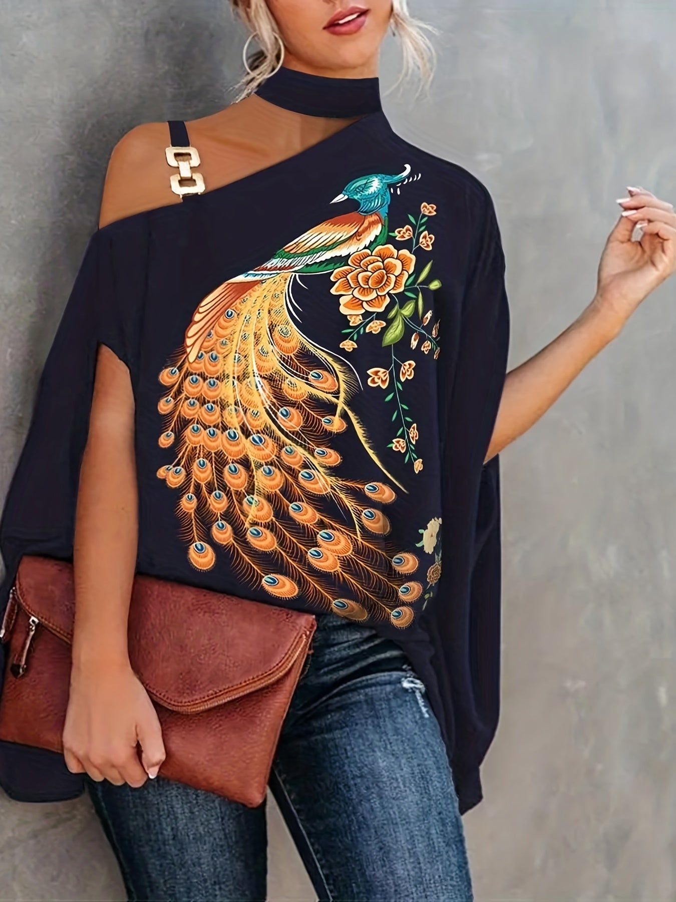 Graphic Print One Shoulder Casual Blouse