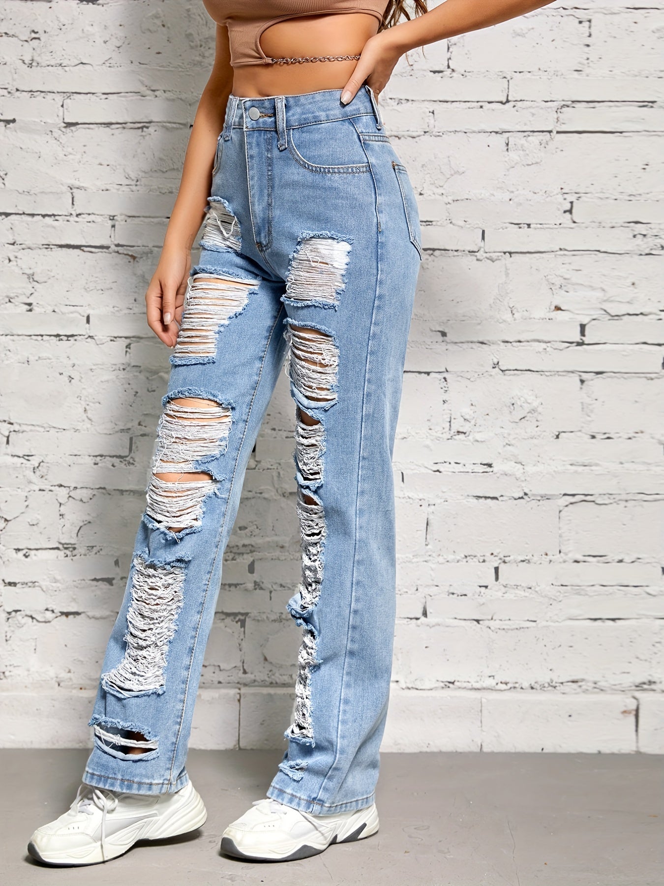 Street Style Distressed Jeans Ripped Holes Slash Pockets