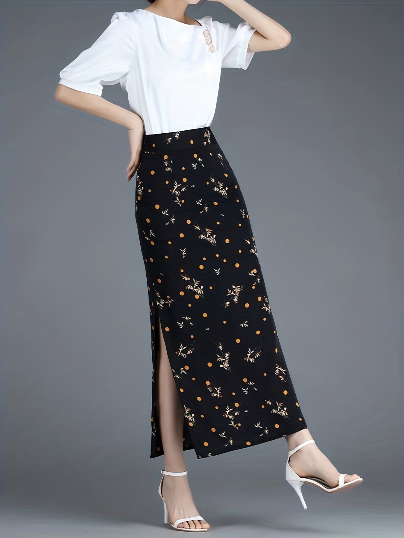 Graphic Print Split Skirt Bodycon High Waist Skirt
