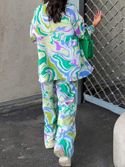 Women's Plus Marble Print Long Sleeve Button Up Shirt & Wide Leg Pants Set