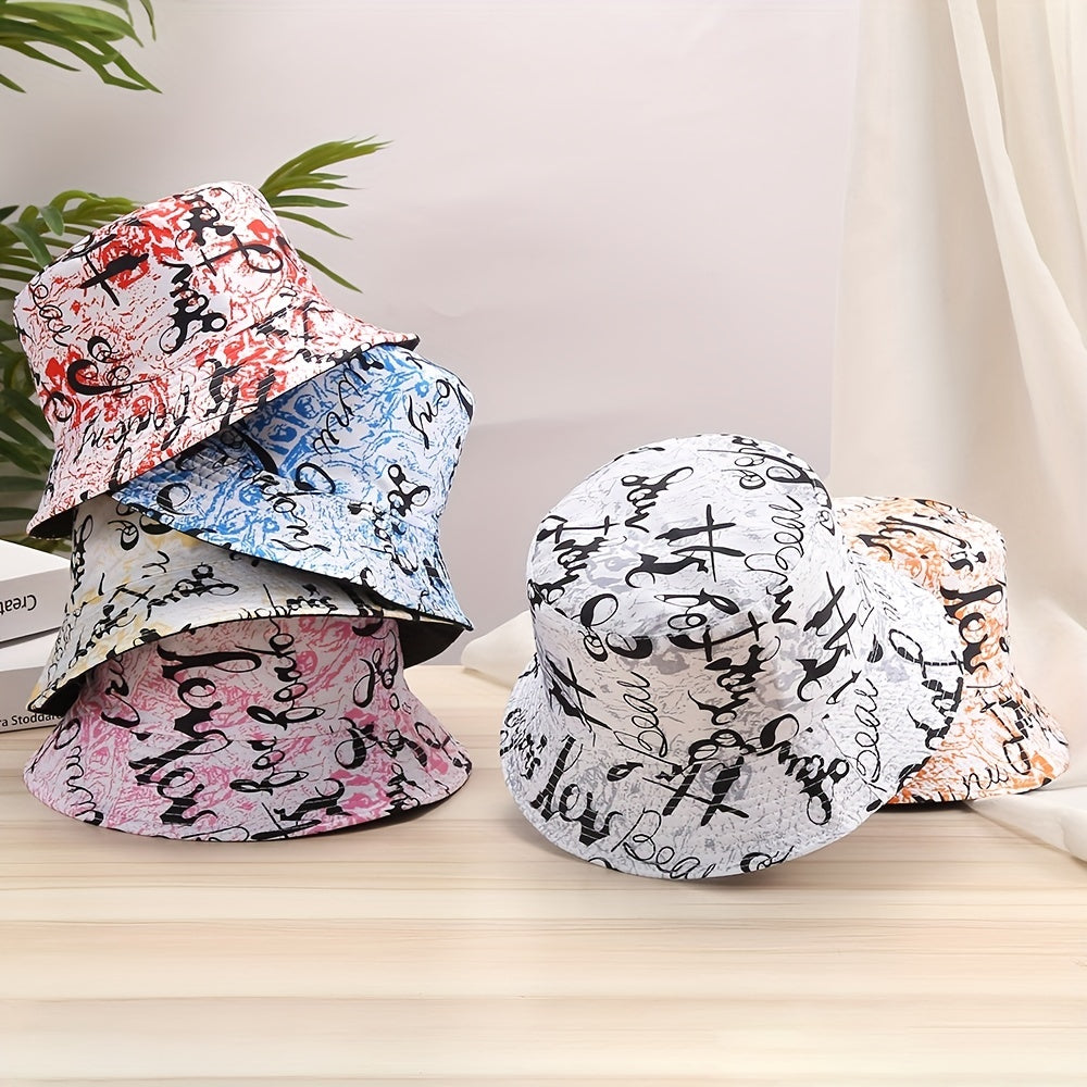 Letter Graffiti Print Bucket Hat Reversible Fisherman Cap