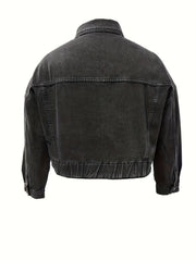 Casual Denim Top Women's Plus Solid Button Up Long Sleeve Denim Jacket