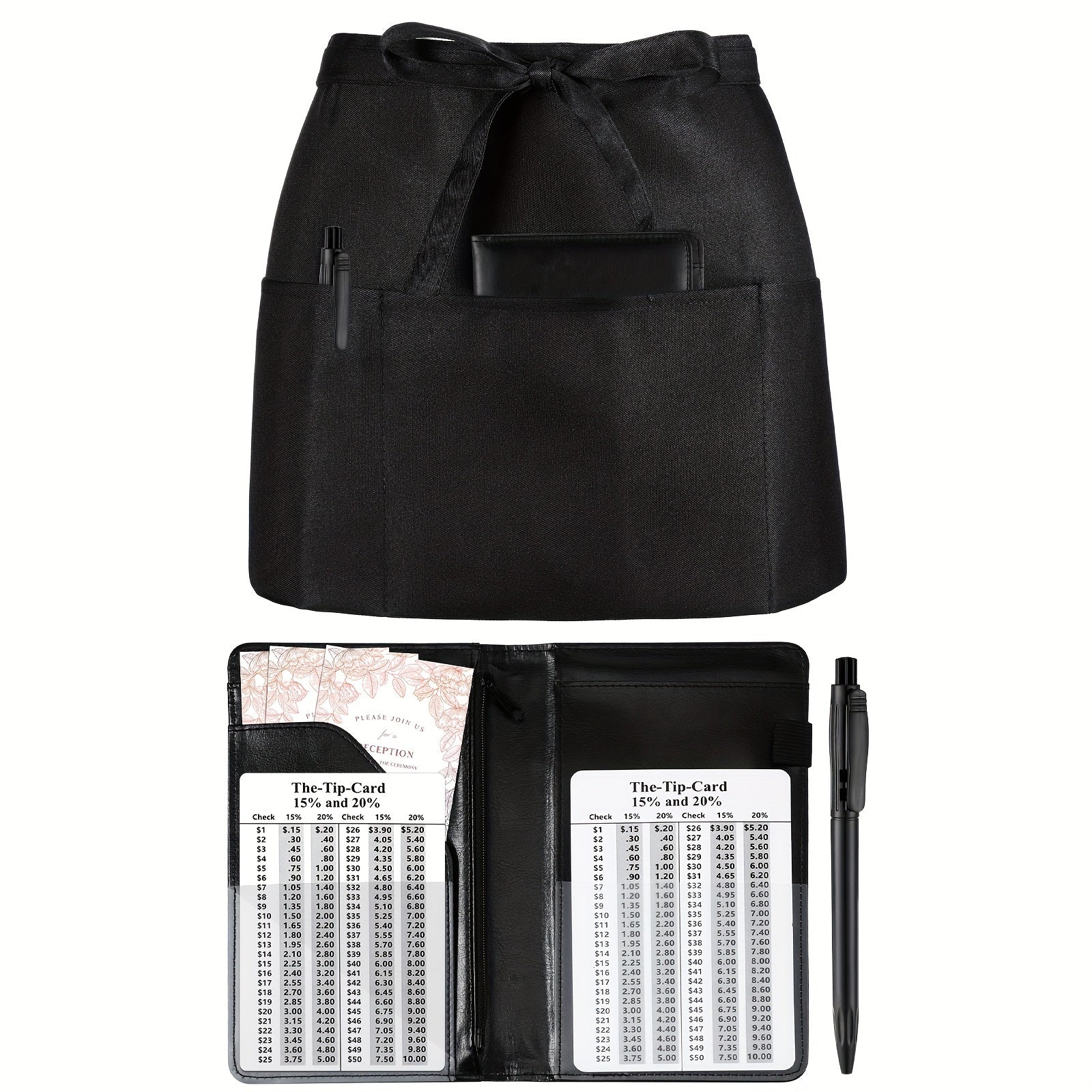 Waitress Server Book Set with Apron, Tip Chart, Pen - 8''x4 9''