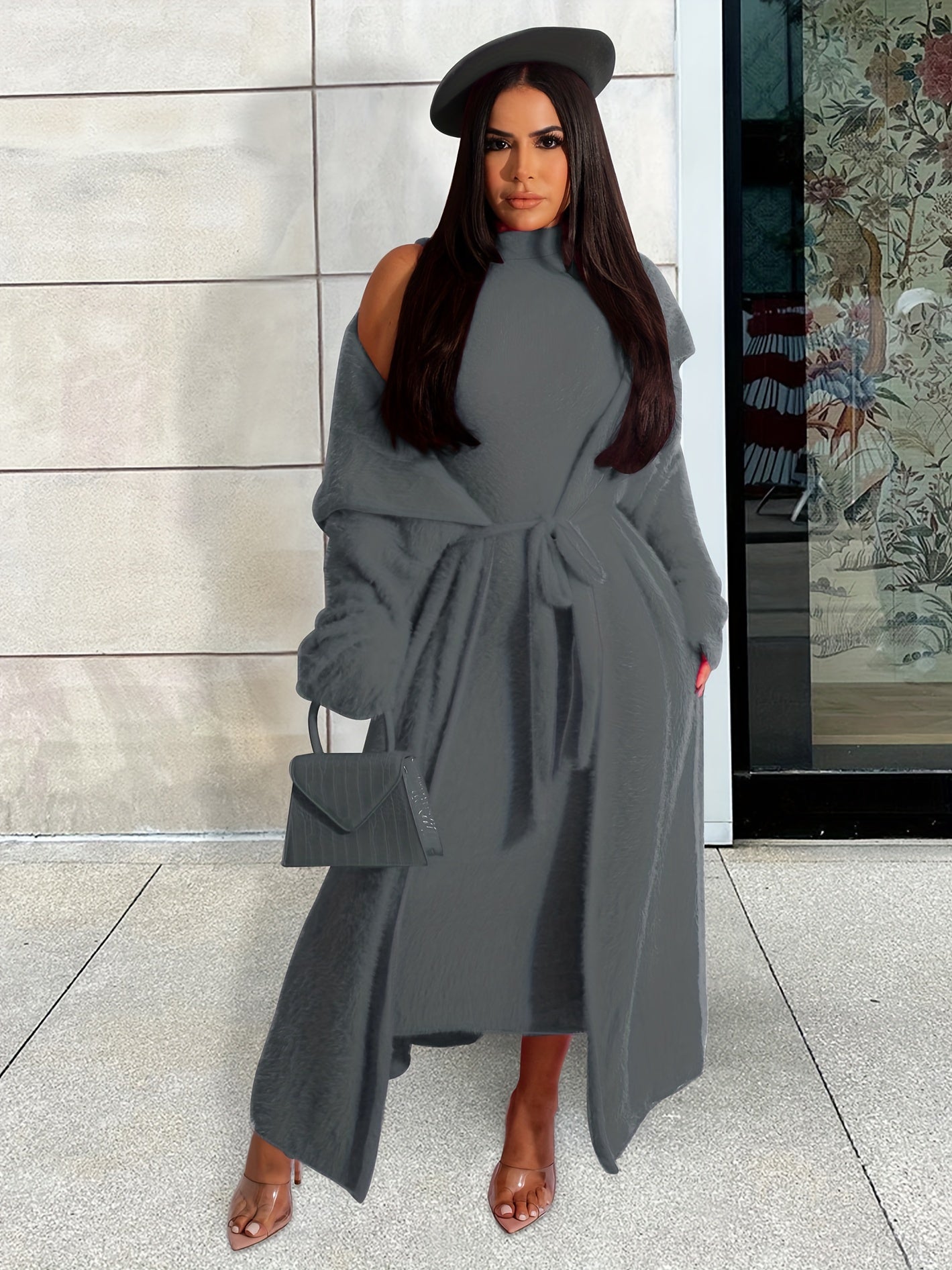 Flannel Shawl Cardigan & Mock Neck Dress Set