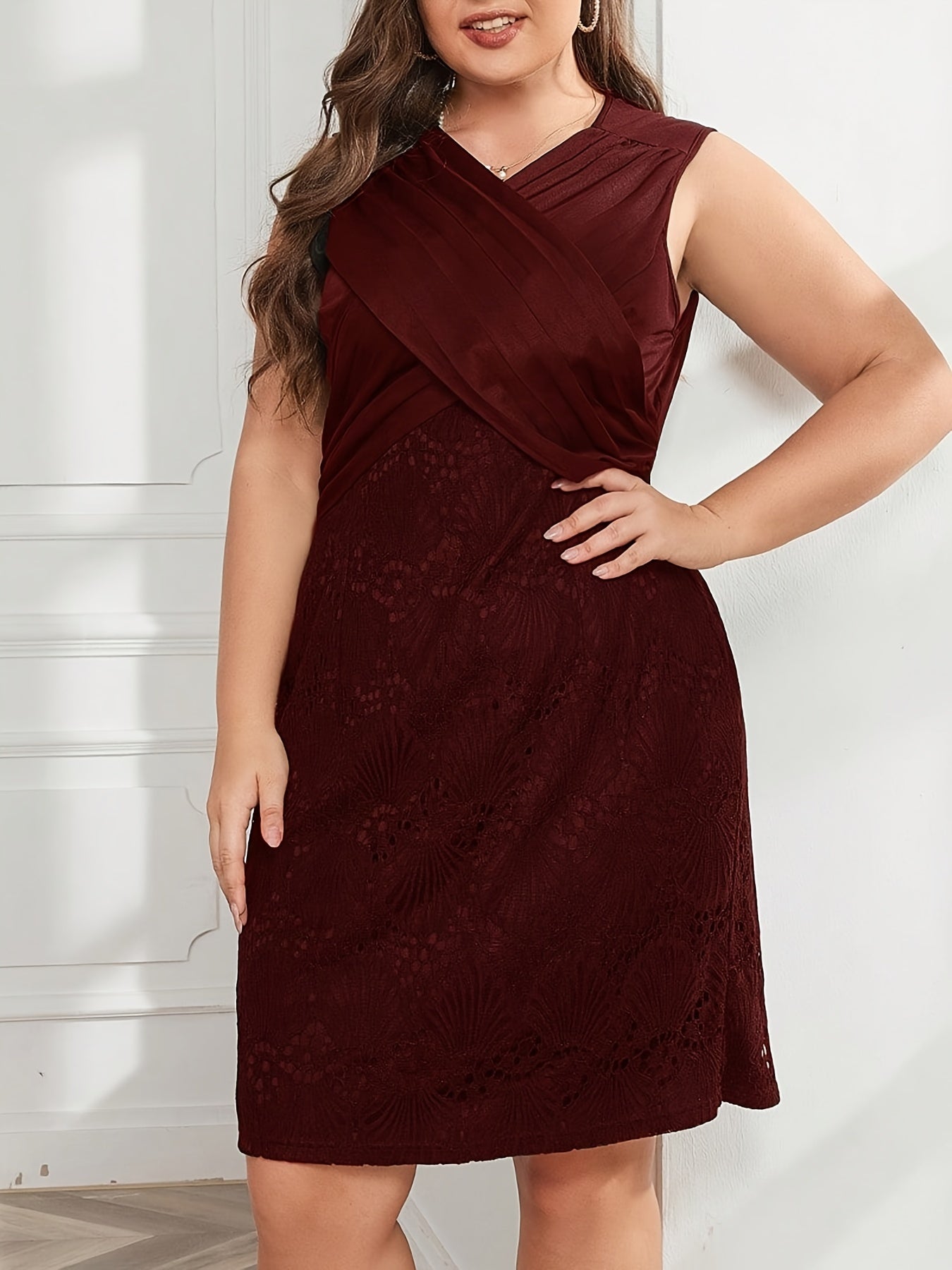 Contrast Lace Ruched V Neck Tank Knee Length Dress