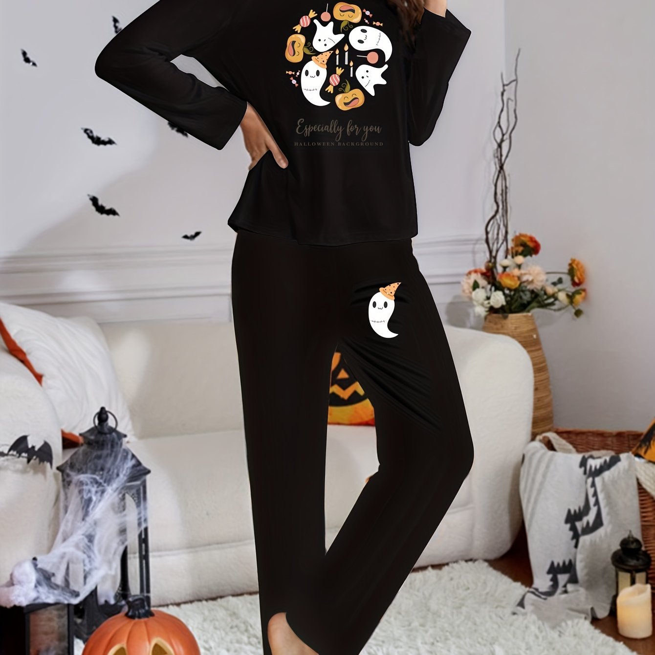 Ghost Print Lounge Set Long Sleeve Top & Pants Women's Loungewear