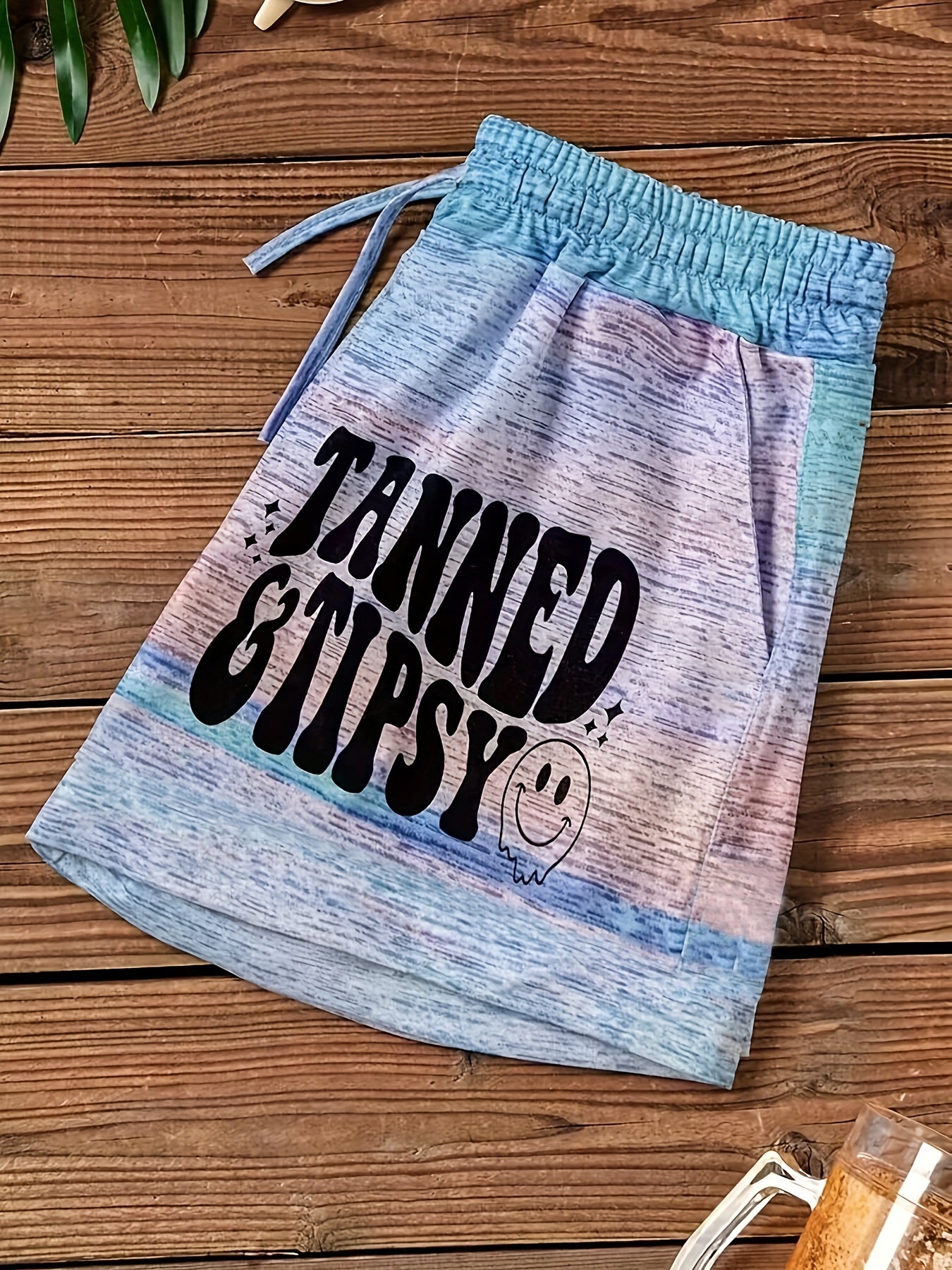Smile & Letter Print Drawstring Shorts Women's Clothing