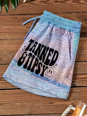 Smile & Letter Print Drawstring Shorts Women's Clothing