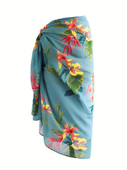 Teal Green Floral Pattern Beachwear Sarong Swim Cover Up Skirt