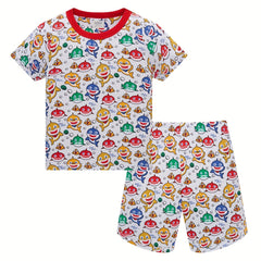Boys Shark Print Pajamas Set Cotton Short Sleeves Tops & Bottoms