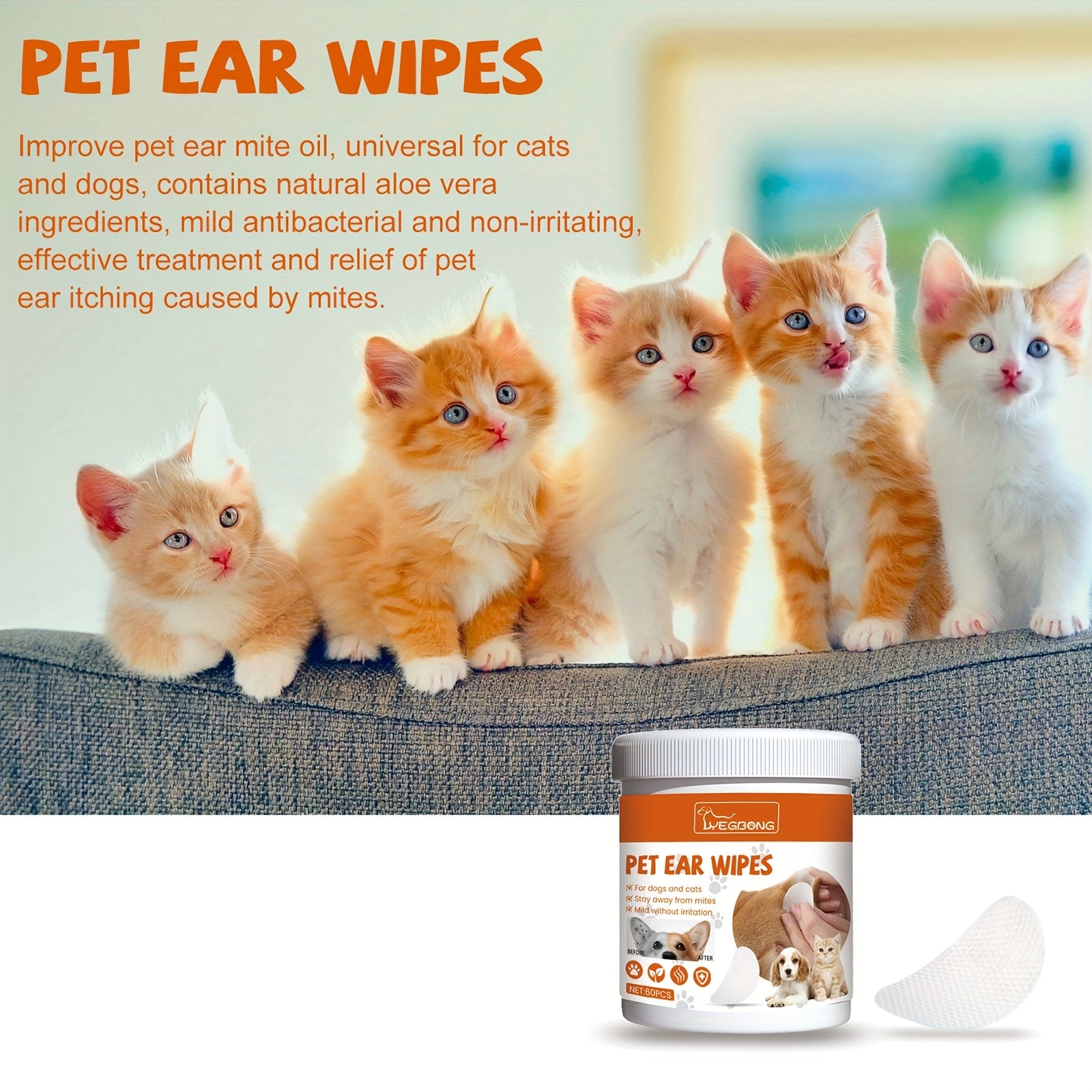 60pcs Box Pet Ear Wipes for Dogs and Cats - Ear Mite Cleaning Wipes
