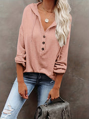 Solid Half Button Hoodie Long Sleeve Drawstring Hoodies