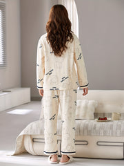 Bear Print Pajama Set Long Sleeve Top & Pants Women's Sleepwear