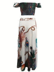 Peacock Print Boho 2pc Set Off Shoulder Tube Top & Split Maxi Skirt