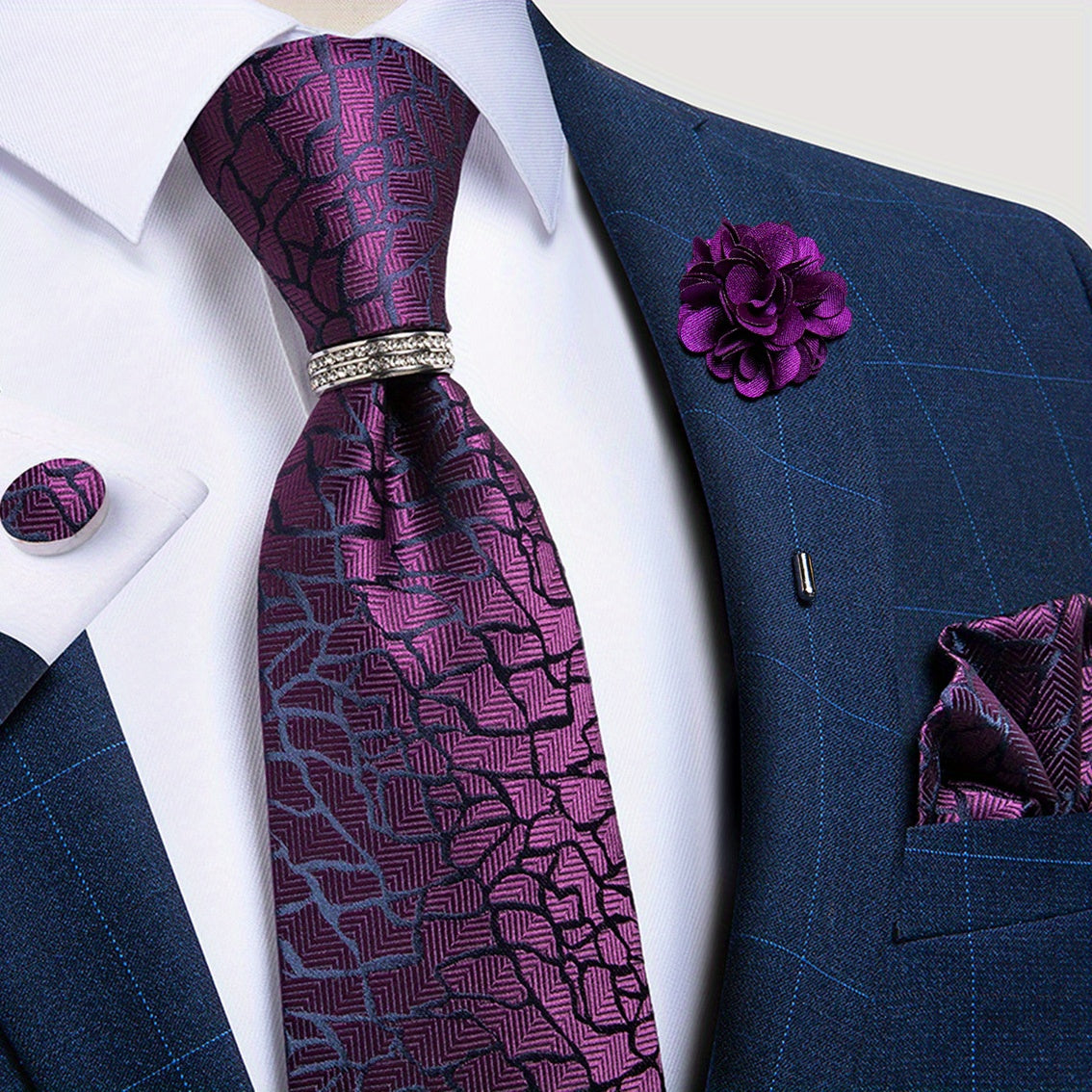DiBanGu Formal Mens Necktie Set Silver Ring Purple Paisley Ties