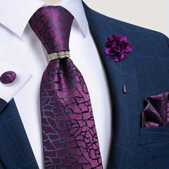 DiBanGu Formal Mens Necktie Set Silver Ring Purple Paisley Ties