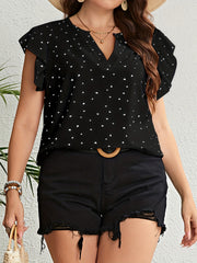 Heart Print V Neck Blouse Ruffle Sleeve Casual Blouse