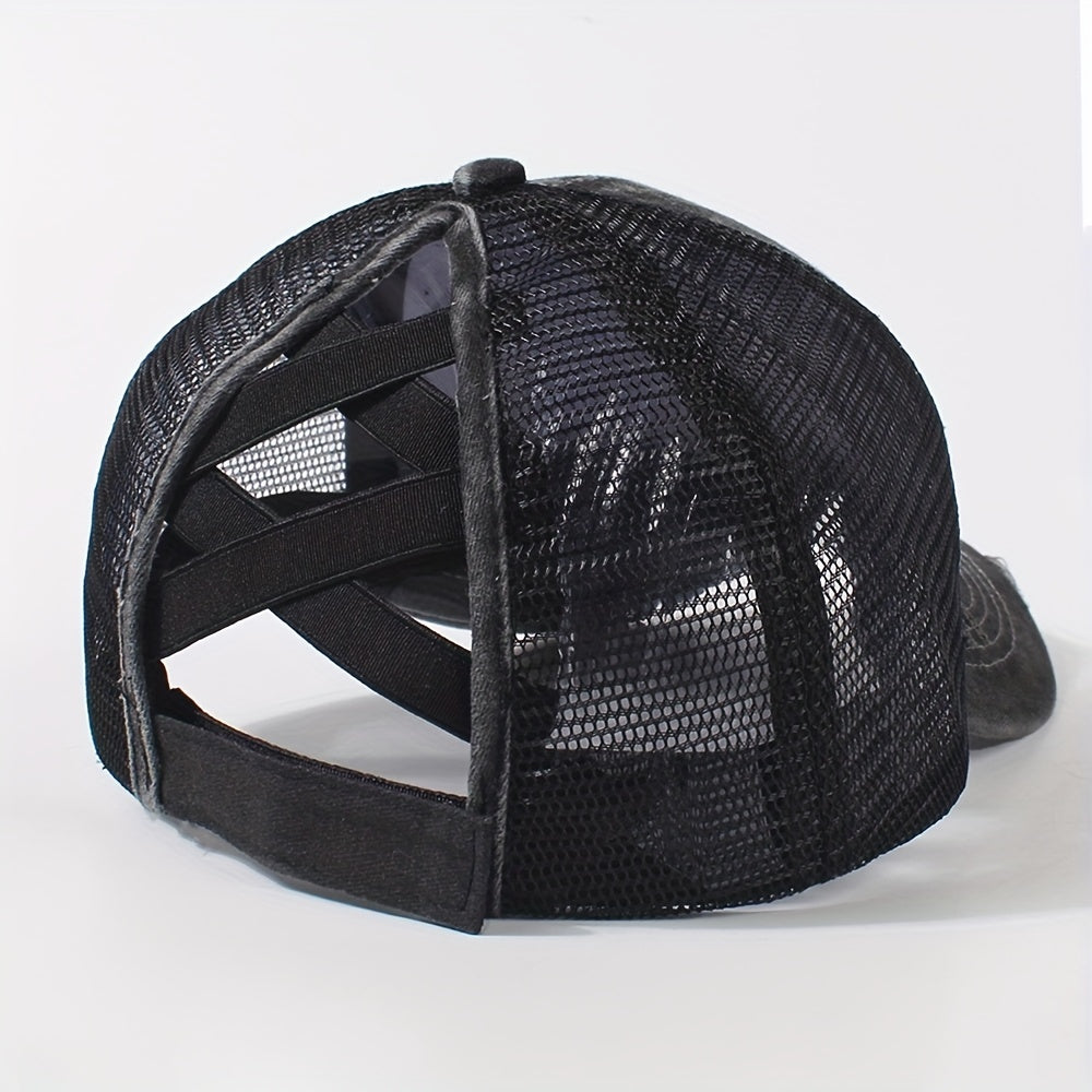 Ripped Ponytail Trucker Hat Hugs Embroidery Mesh Breathable Baseball Cap