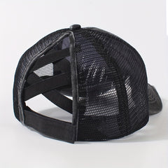 Ripped Ponytail Trucker Hat Hugs Embroidery Mesh Breathable Baseball Cap