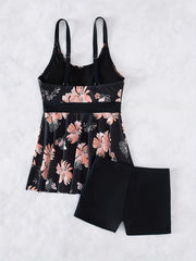 Floral Print Scoop Neck Tankini Set Pink 2 Piece Swimsuit