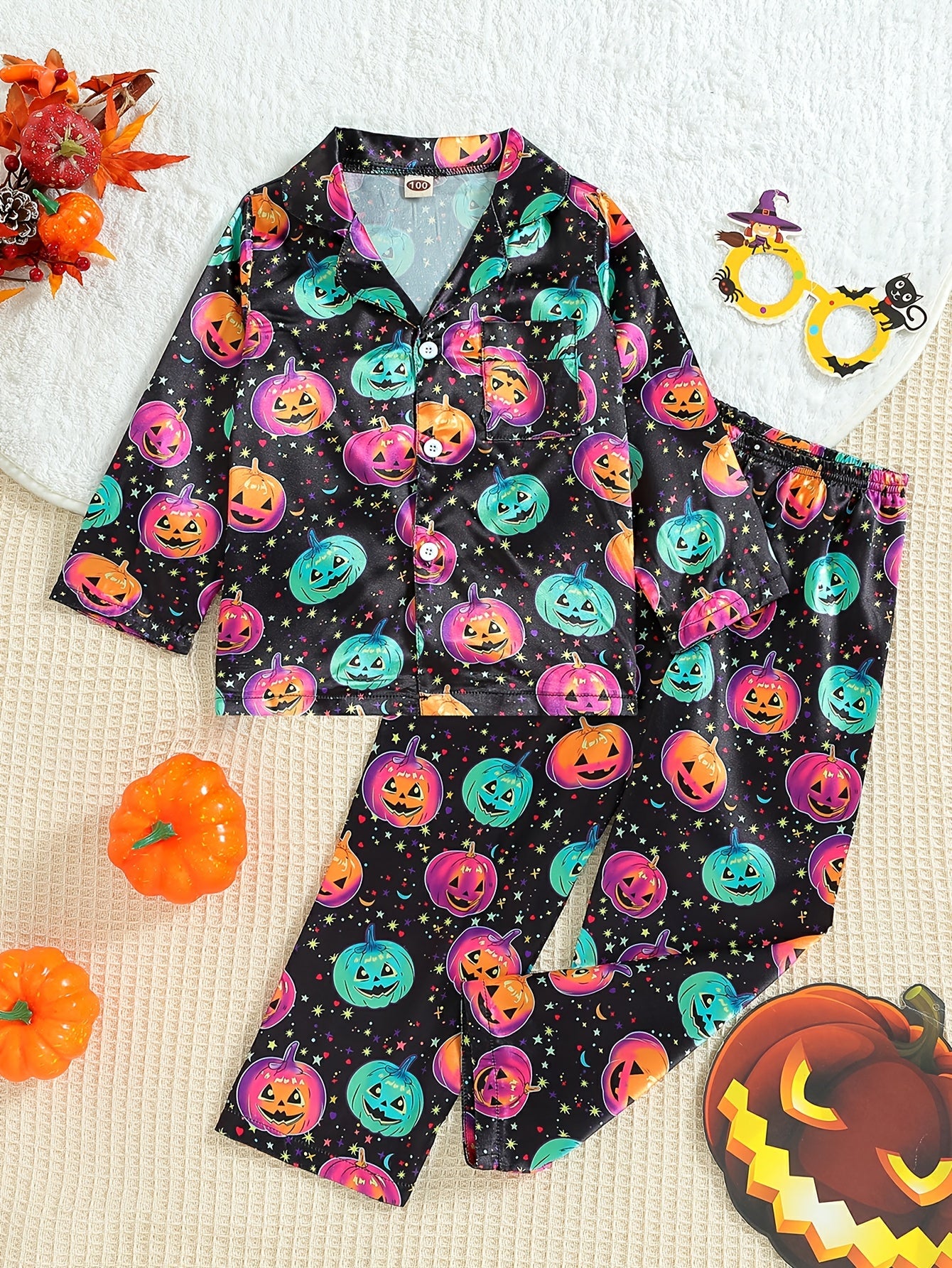 2pcs Boy's Pumpkin Pattern Satin Pajamas Halloween Style PJ Set