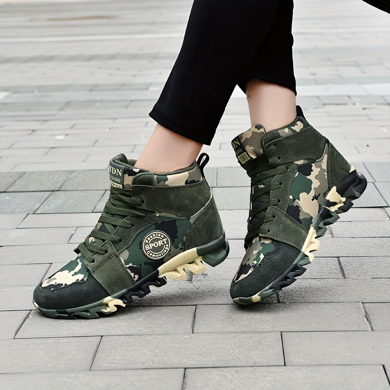 Camo Pattern High Top Wedge Sneakers Lightweight Lace-up Shoes