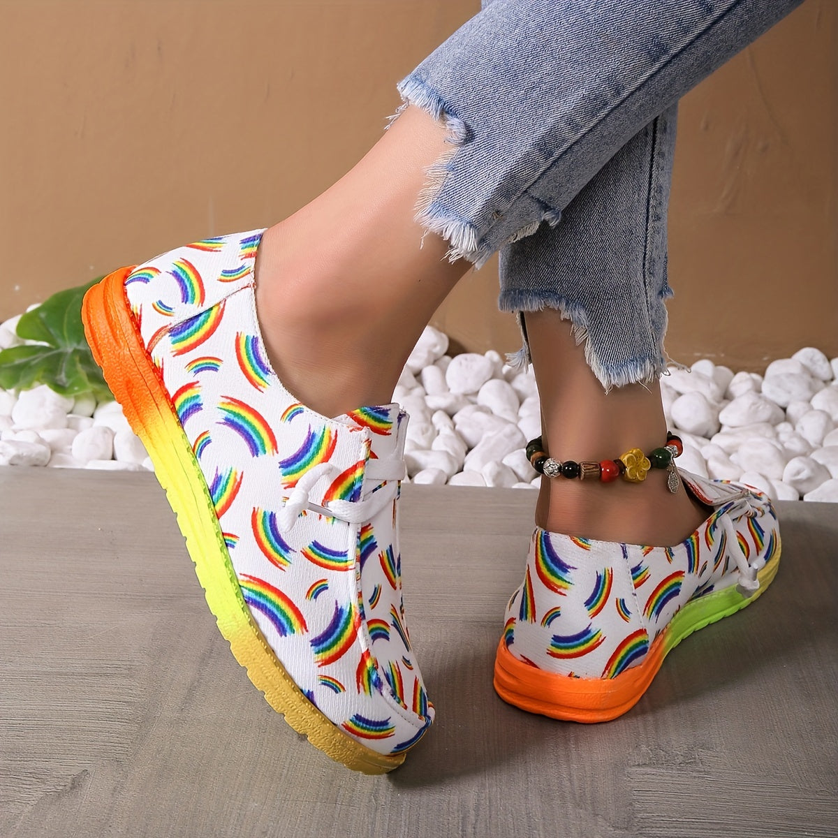 Rainbow Print Canvas Outdoor Shoes Lightweight Sneakers