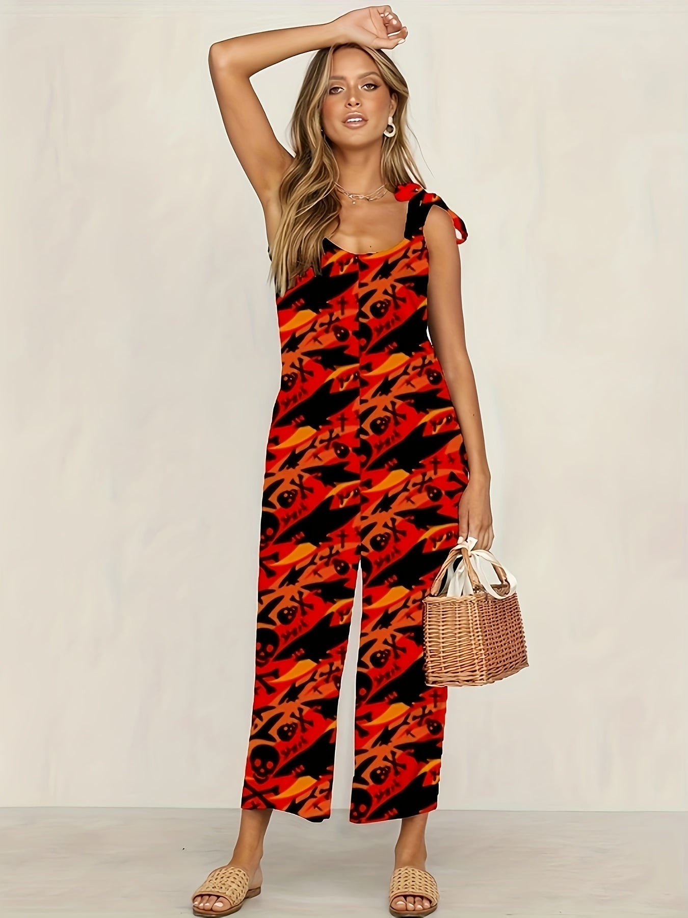 Floral & Skull Print Tied Cami Jumpsuit Casual Sleeveless Backless Jumpsuit