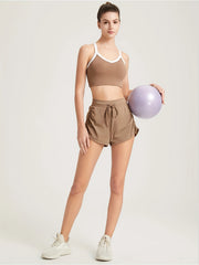 Solid Drawstring Sports Shorts Side Pleated Yoga Fitness Shorts