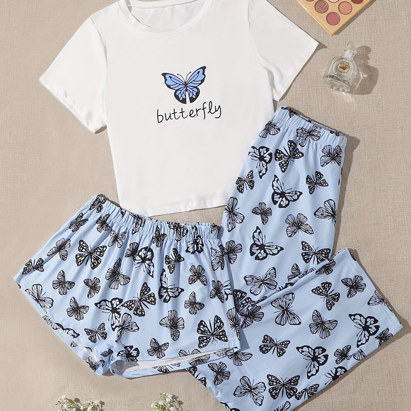 Butterfly Print 3pc Pajama Set Round Neck Cami Top Shorts Pants