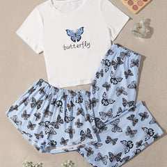 Butterfly Print 3pc Pajama Set Round Neck Cami Top Shorts Pants