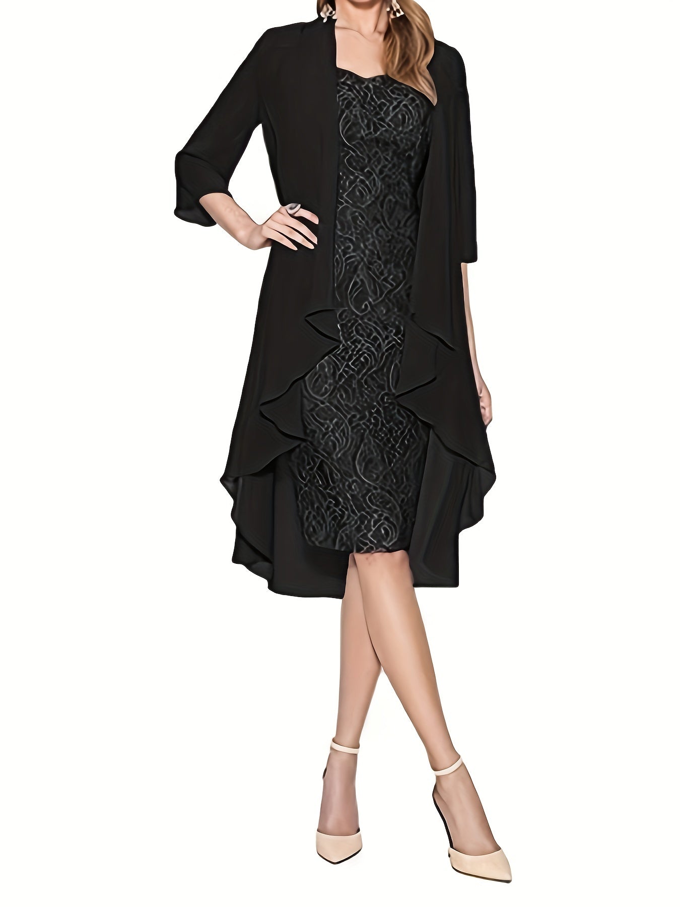 Long Cardigan & Lace Party Dress Set