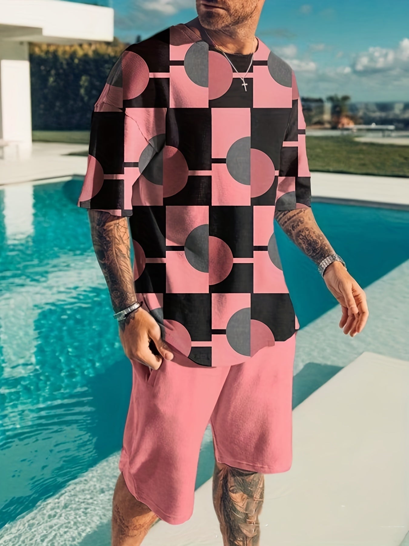Geometric Print Men's 2Pcs Outfit Short Sleeve T-Shirt & Shorts Set