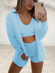 Cozy Lounge Set Long Sleeve Hooded Robe & Tank Crop Top & Shorts