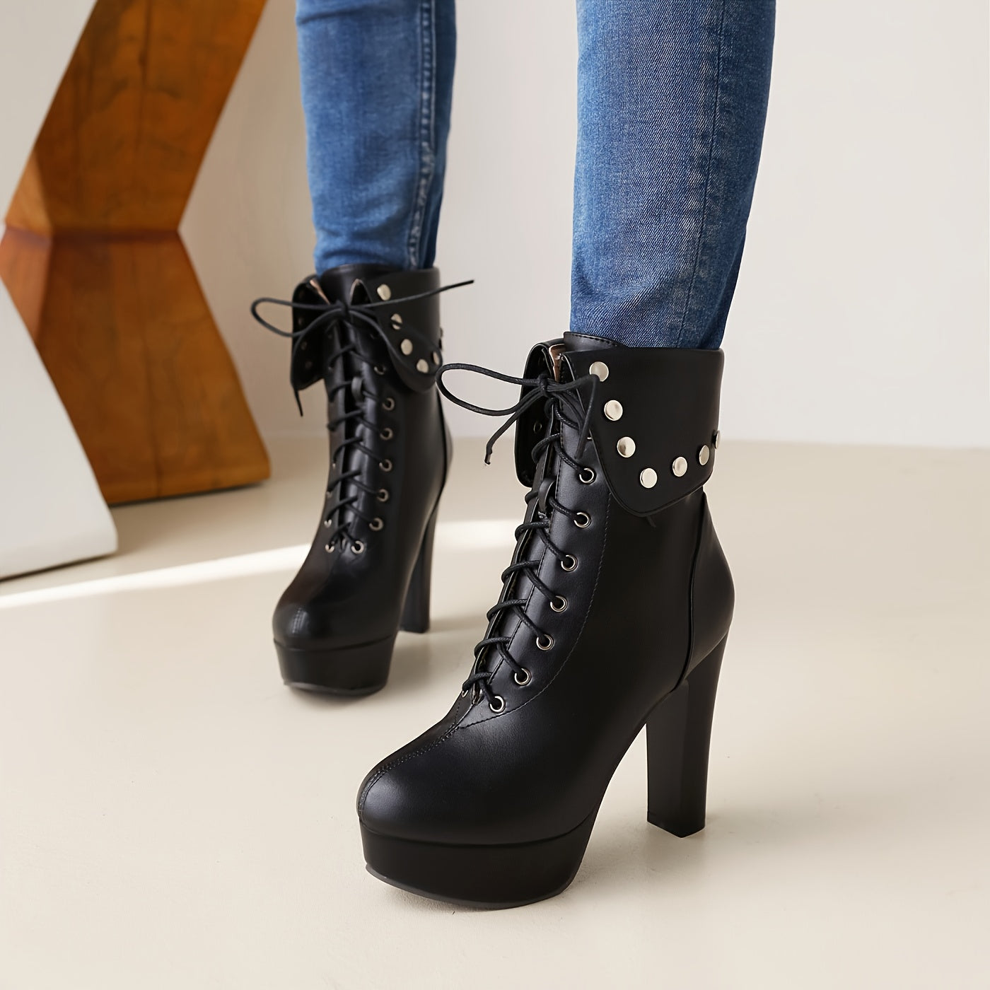 Studded High Heel Lace-Up Platform Boots