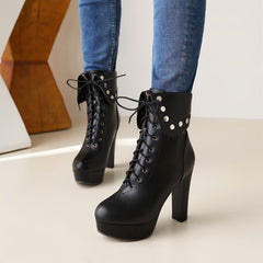 Studded High Heel Lace-Up Platform Boots