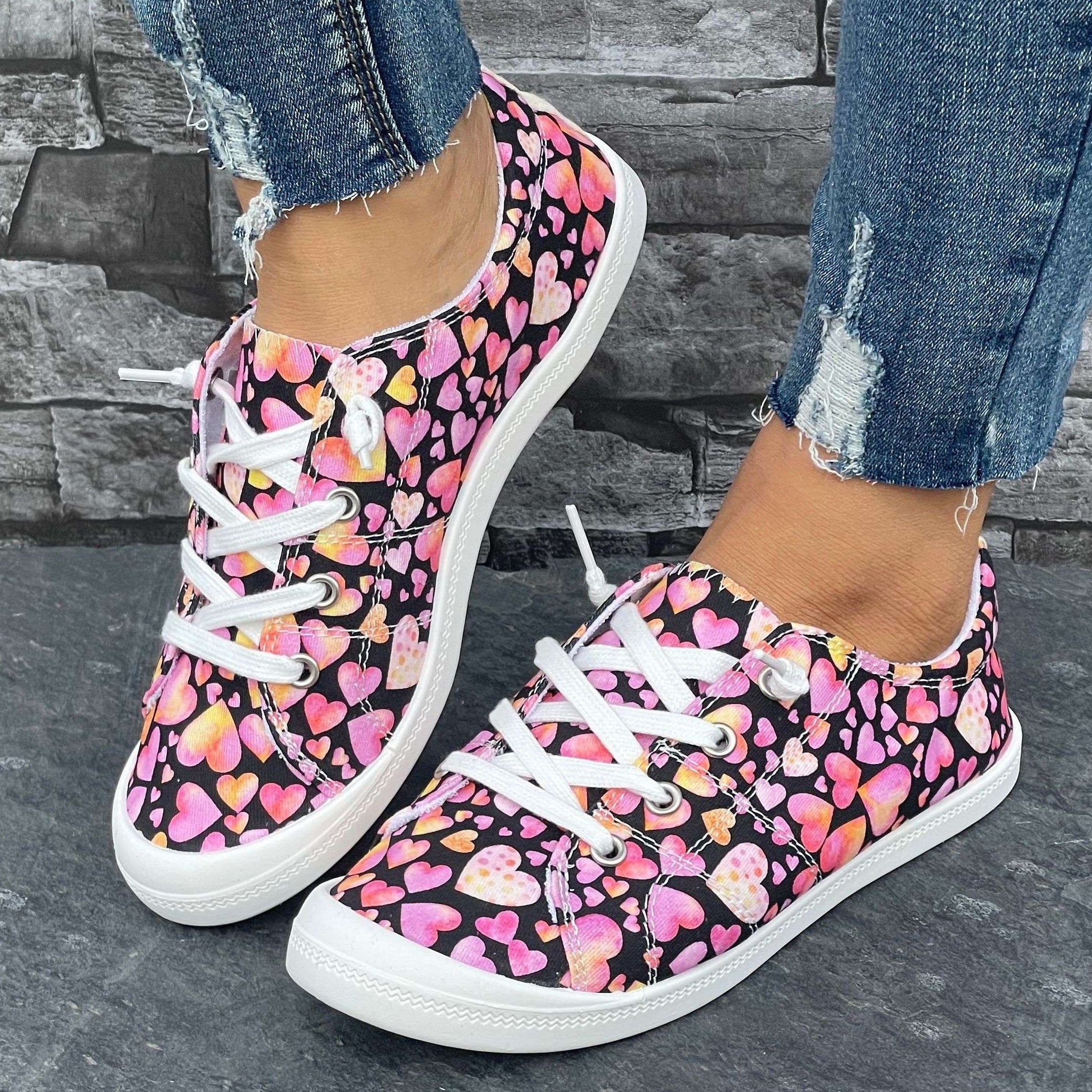 Love Heart Pattern Flat Shoes Slip On Casual Lightweight Soft Comfortable Walkin