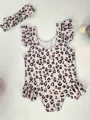 Leopard Print Swimwear With Headband Girls Bathing Suit Summer