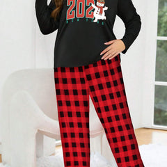 Christmas Pajamas Set Snowman & Letter Graphic Tee & Plaid
