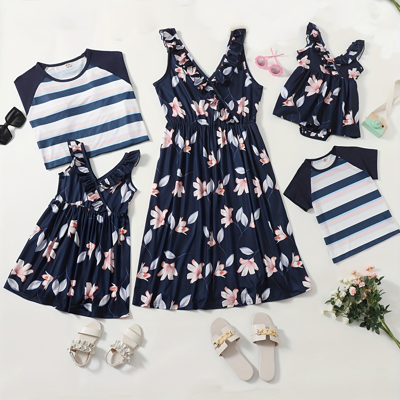 Striped T-shirts for Man and Boy, Floral Dresses for Woman and Girl
