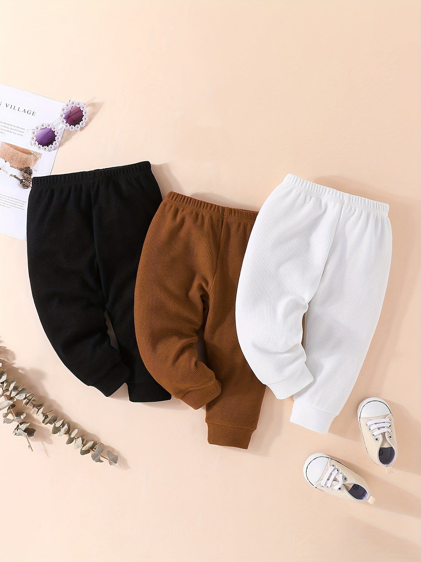 Toddler Baby Waffle Tricolor Pants Set Leggings Seamless Harem Style Ribbed Knit