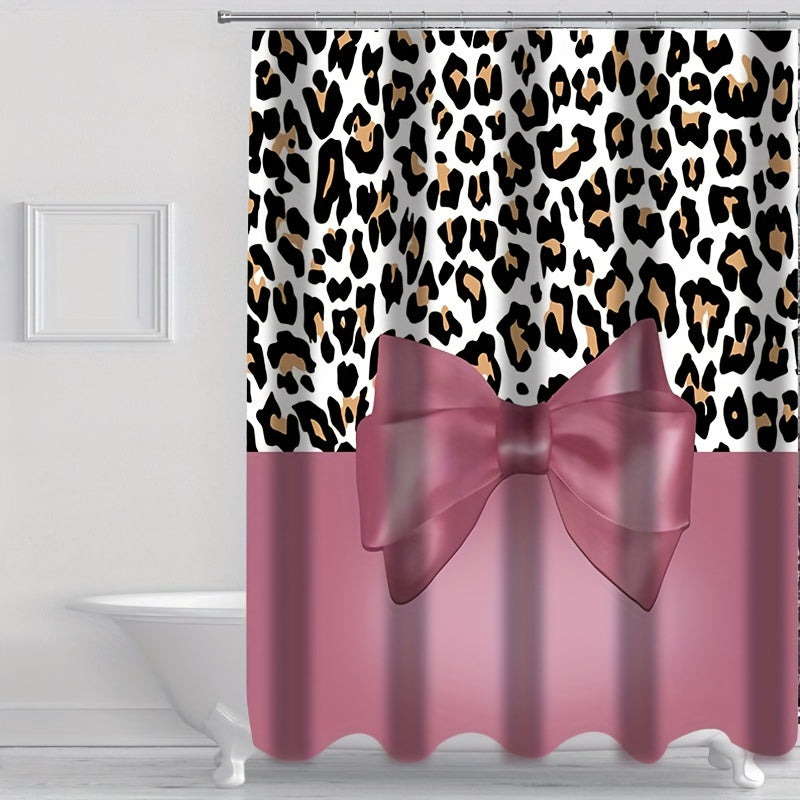 Leopard Bow Shower Curtain Set with Non Slip Bathroom Rug