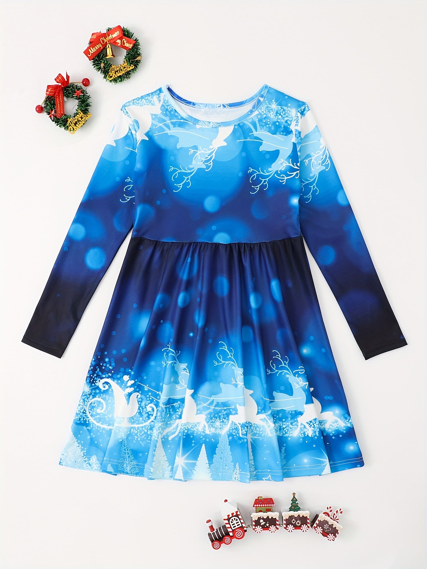 Girls Reindeer Graphic Long Sleeve Dress for Spring Fall