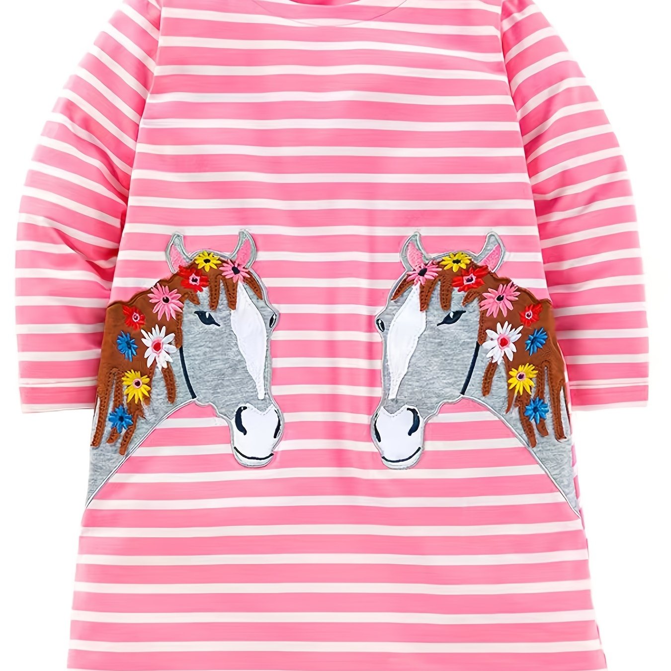 Girls Striped Long Sleeve Dress with Horse Embroidery