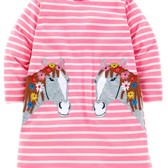 Girls Striped Long Sleeve Dress with Horse Embroidery